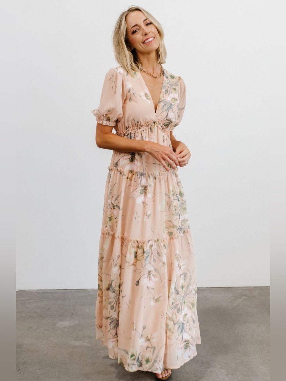 Floral V-Neck Puff Sleeve Maxi Dress in Blush